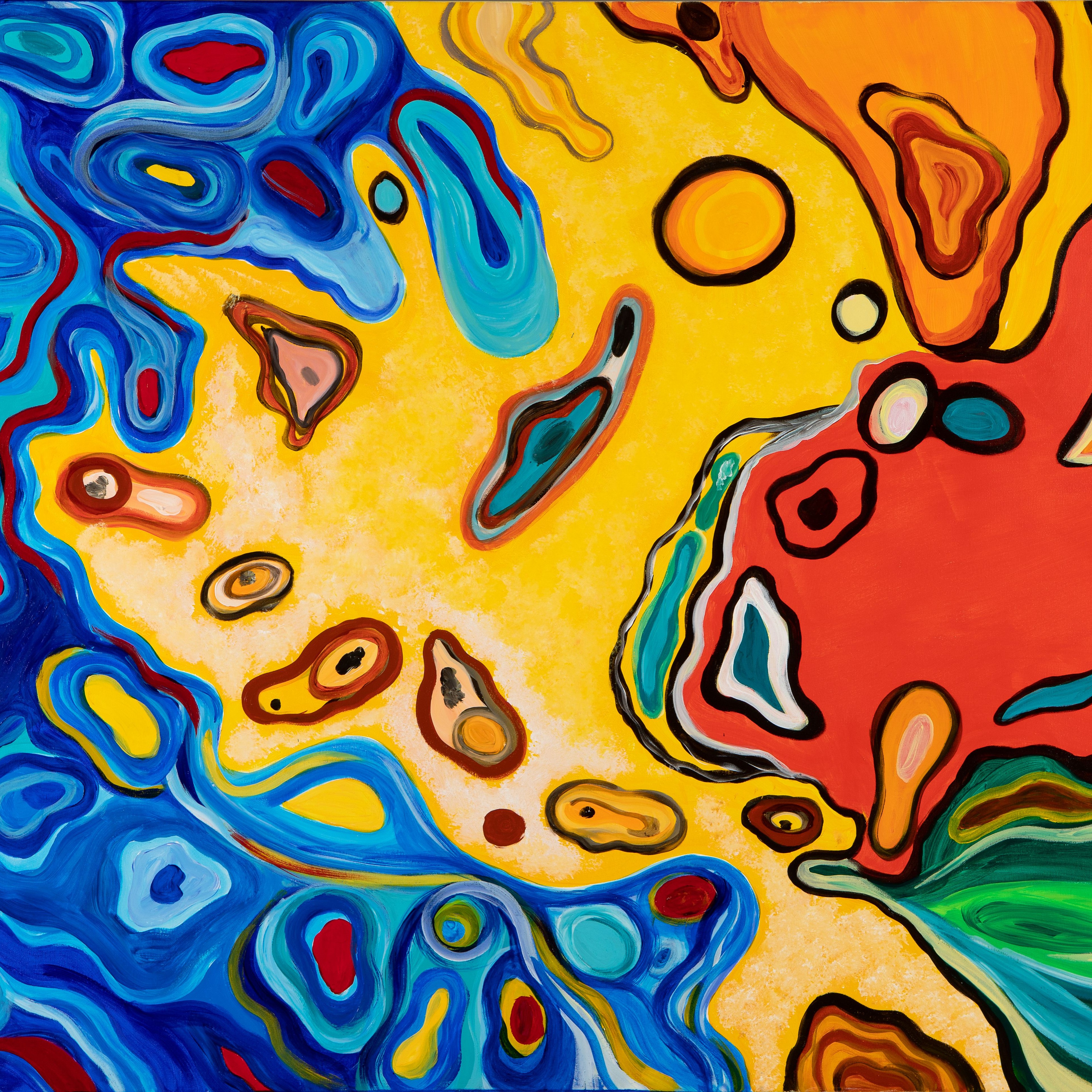 A colorful abstract painting with fluid shapes and bold outlines, shown in a tightly framed view.
