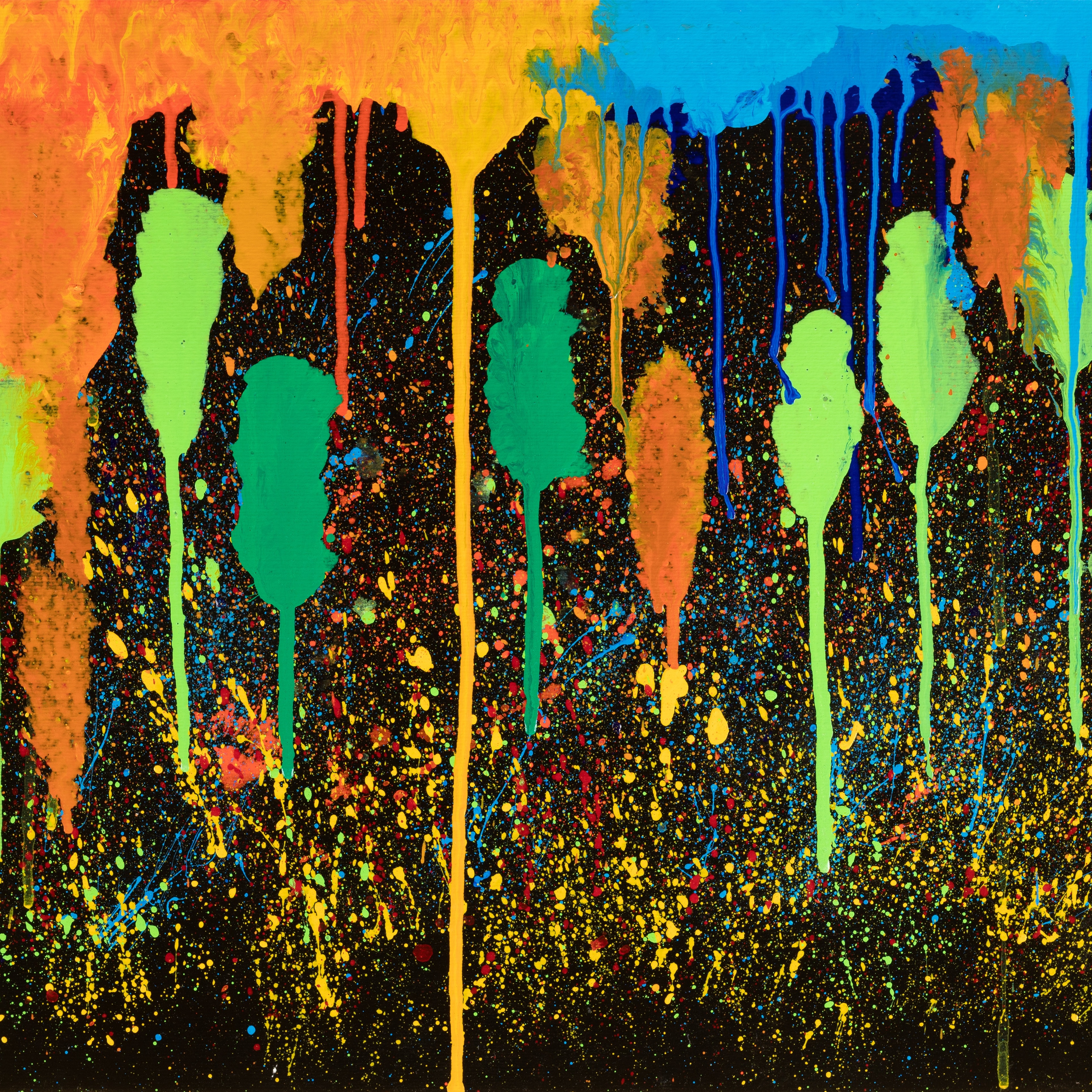 An abstract painting shows tall black and brightly colored vertical forms with dripping paint against an orange, blue and speckled background.