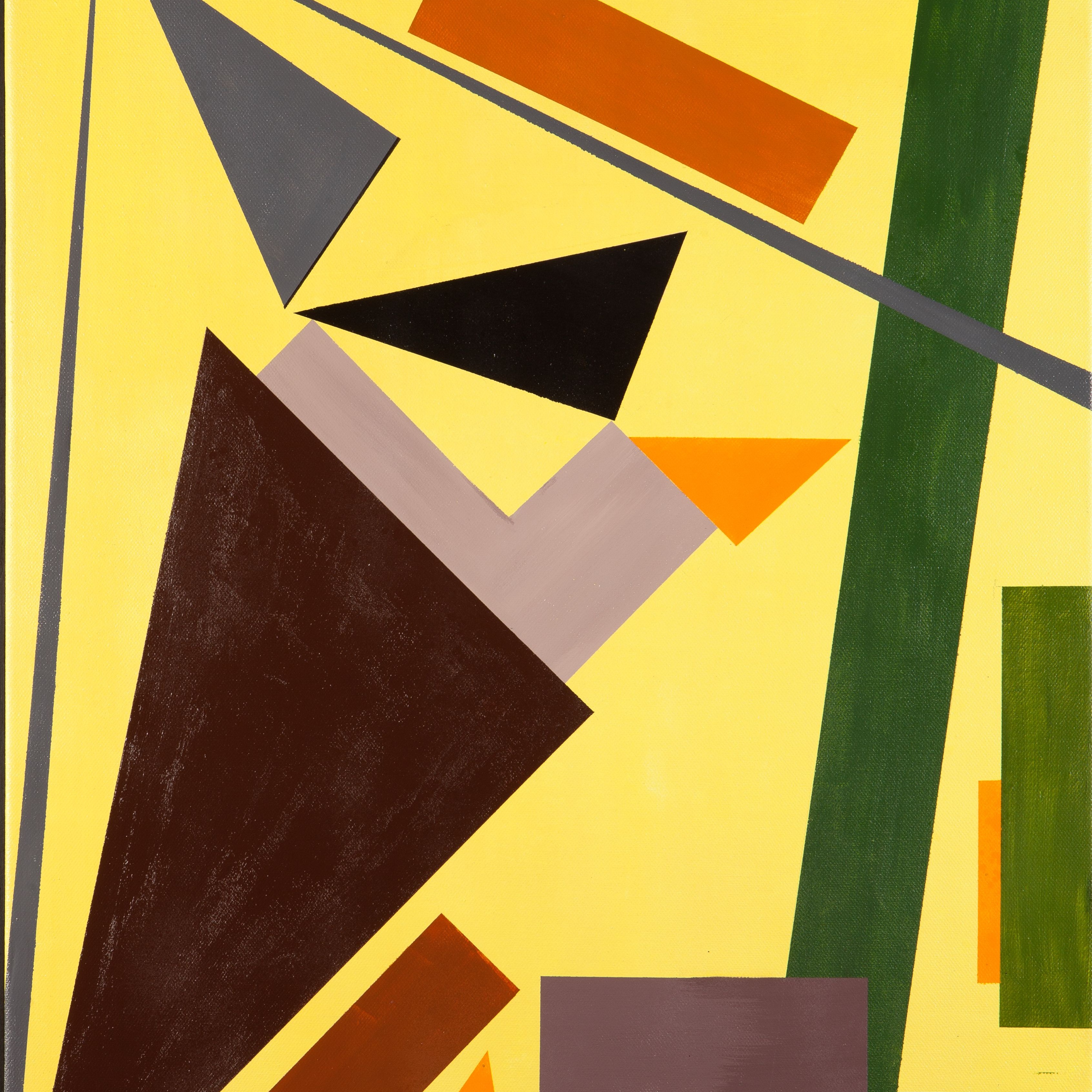 A tightly framed geometric abstract painting with triangles and bars in contrasting colors, evenly lit.